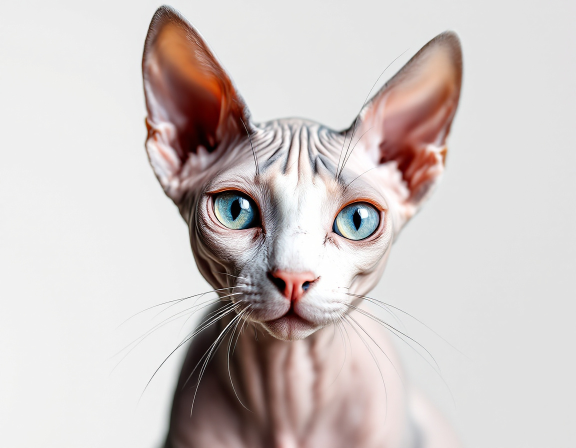 Close-up portrait of cat on a white background, with its alert expression and intricate details of its fur and whiskers in sharp focus.